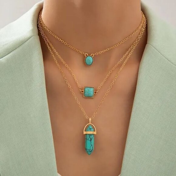 NEW Gold and Turquoise Blue Stone Triple Layered Necklace - Picture 1 of 4